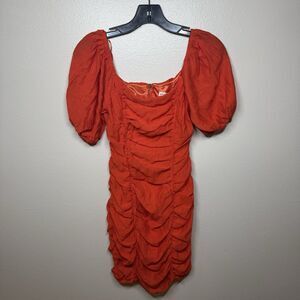 Moon River Ruched Puff Shoulder Bodycon Mini Dress in Red/Orange Women’s Size XS
